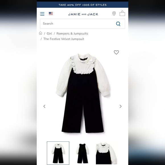 Janie and Jack Other - Janie and Jack Black Velvet Jumpsuit with White Ruffle NWT